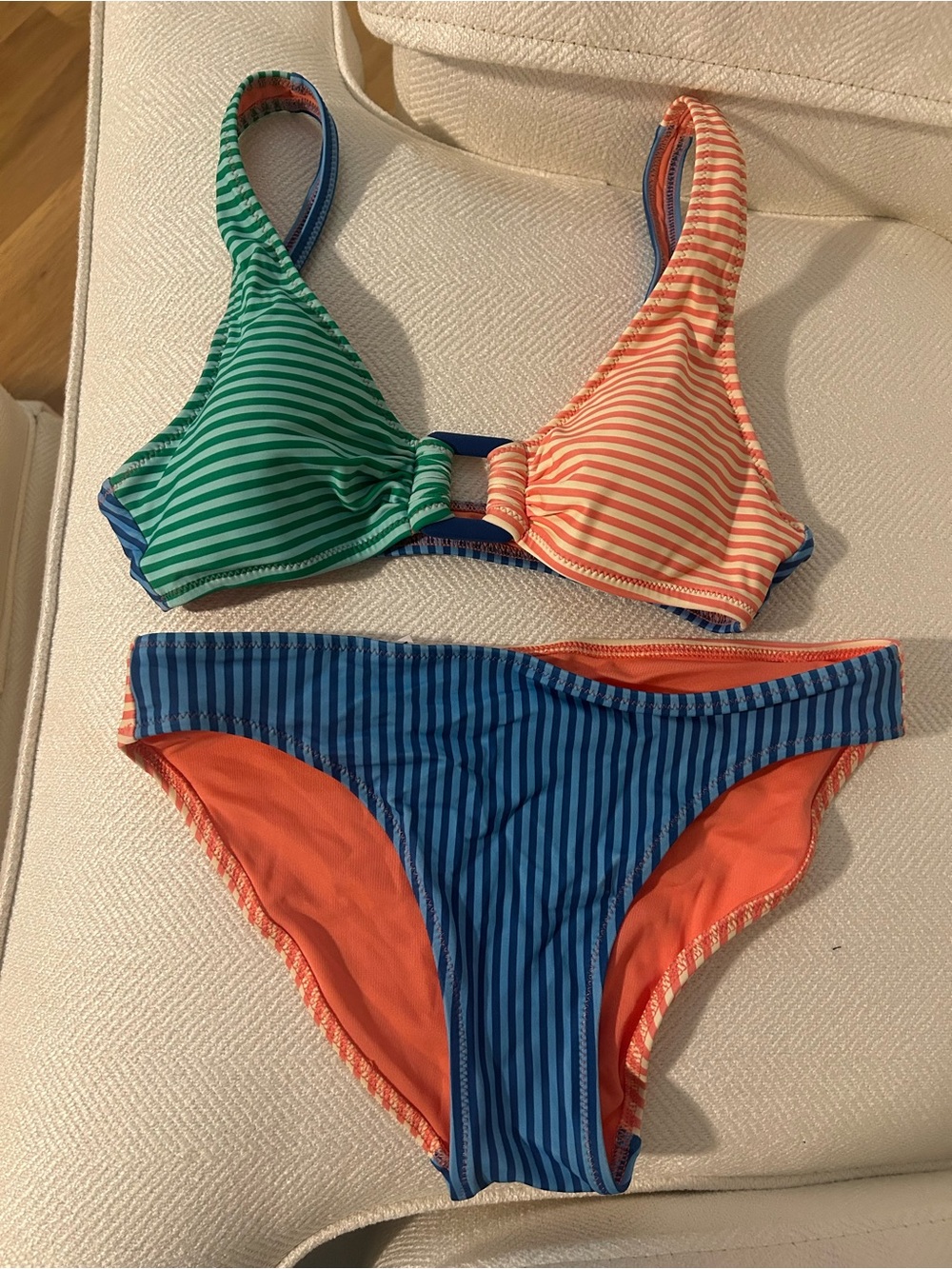 Aerie Striped Color block Bikini Set - Green, Peach & Blue